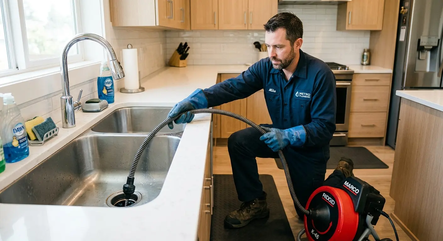 Drain cleaning technician using a motorized snake on a kitchen sink in Wheat Ridge