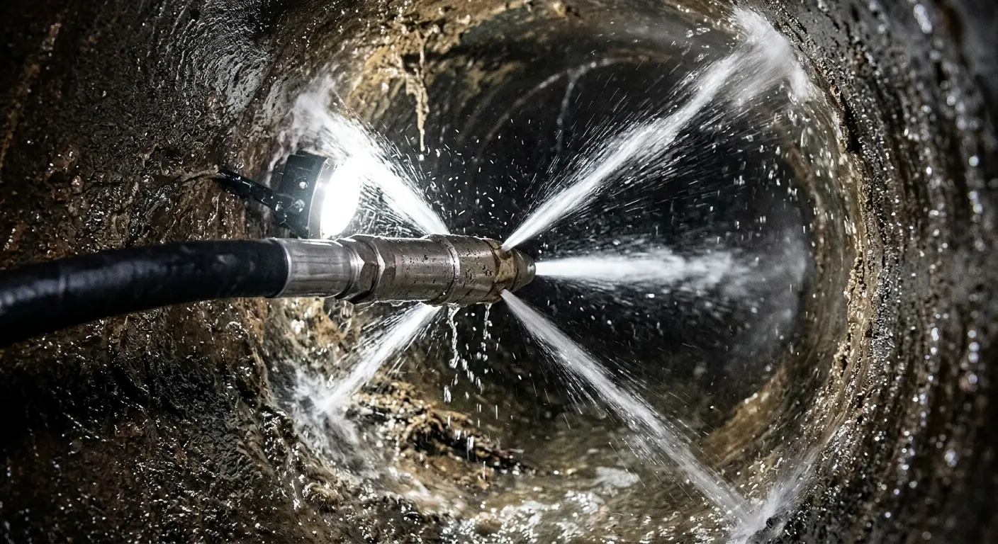 High-pressure hydro jetting nozzle cleaning sewer pipe for Trenchless Sewer Repair in Wheat Ridge