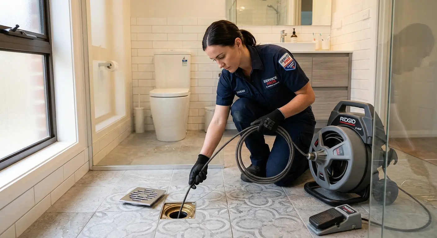 Technician clearing a bathroom floor drain for Drain Repair in Wheat Ridge